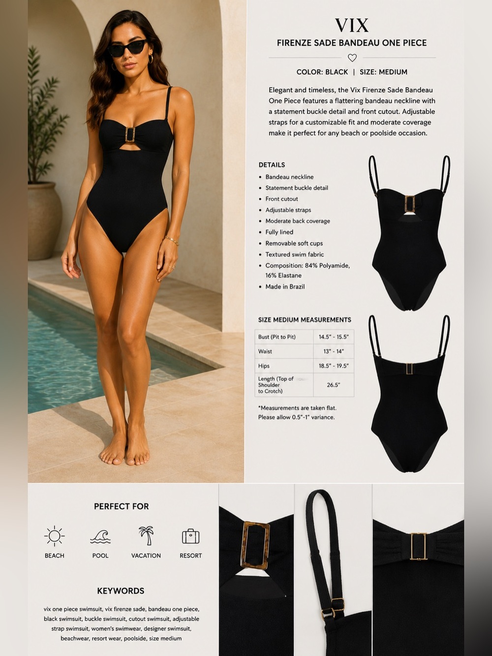 ViX Firenze Sade Bandeau One Piece Swimsuit Black Size Medium